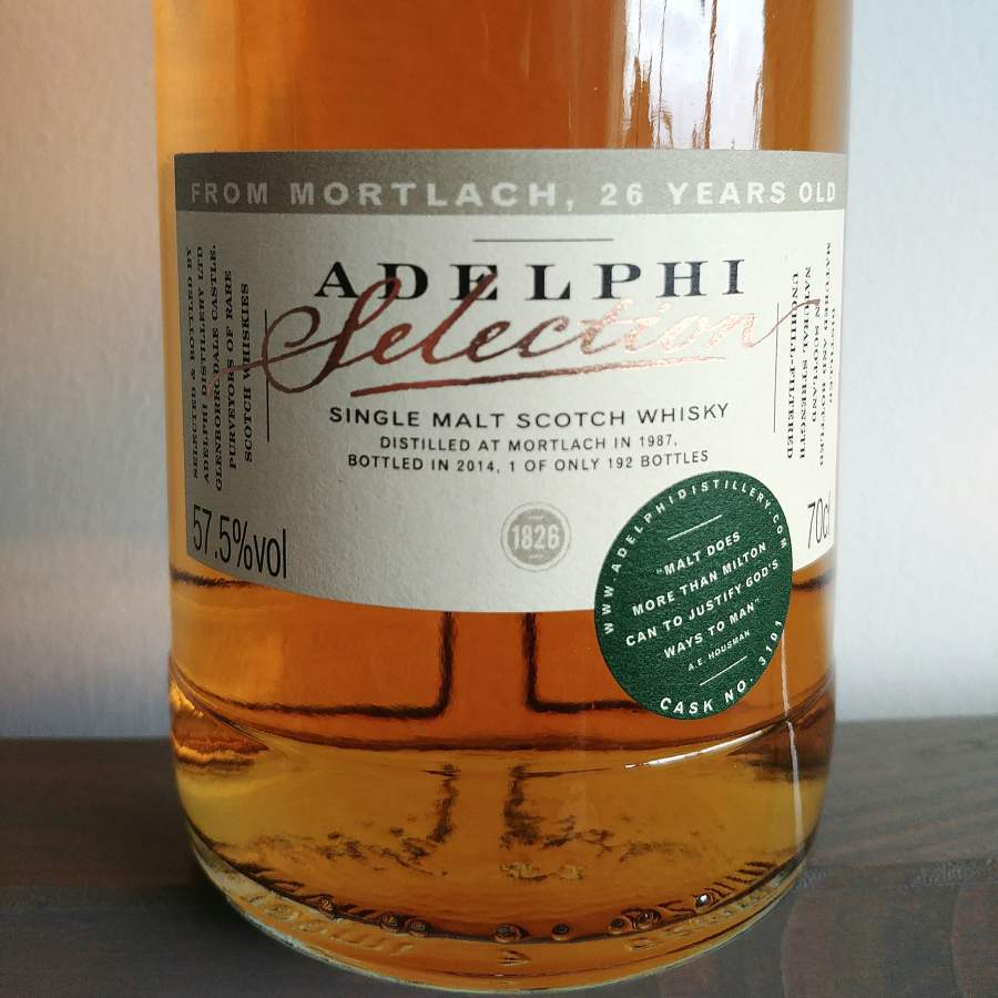 Test whisky Adelphi Mortlach 1987 - etykieta